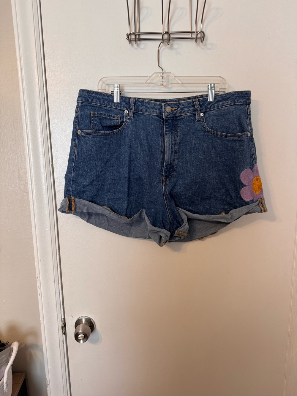 wild fable Dark Blue Denim Shorts with Pink Flower Embroidered Patch